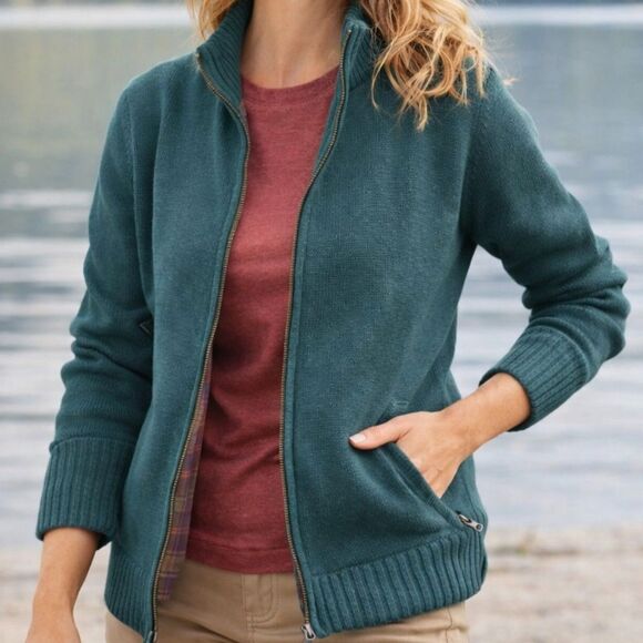 Vintage L.L. Bean Women’s M Flannel Lined Full Zip Cotton Knit Sweater Jacket - Picture 3 of 12